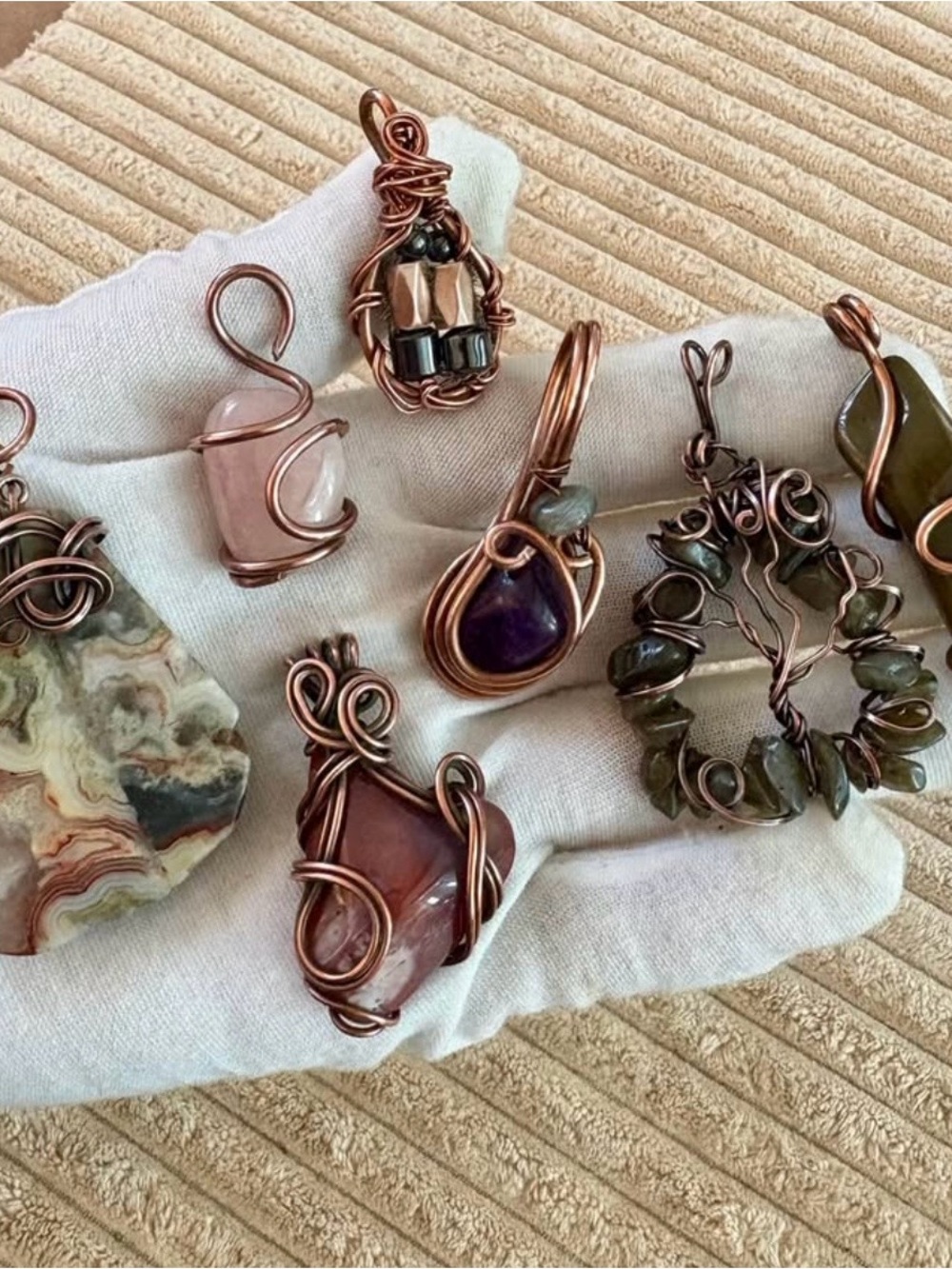 Lot of Copper Crystal Pendants Amethyst Agate Rose Quartz Labradorite